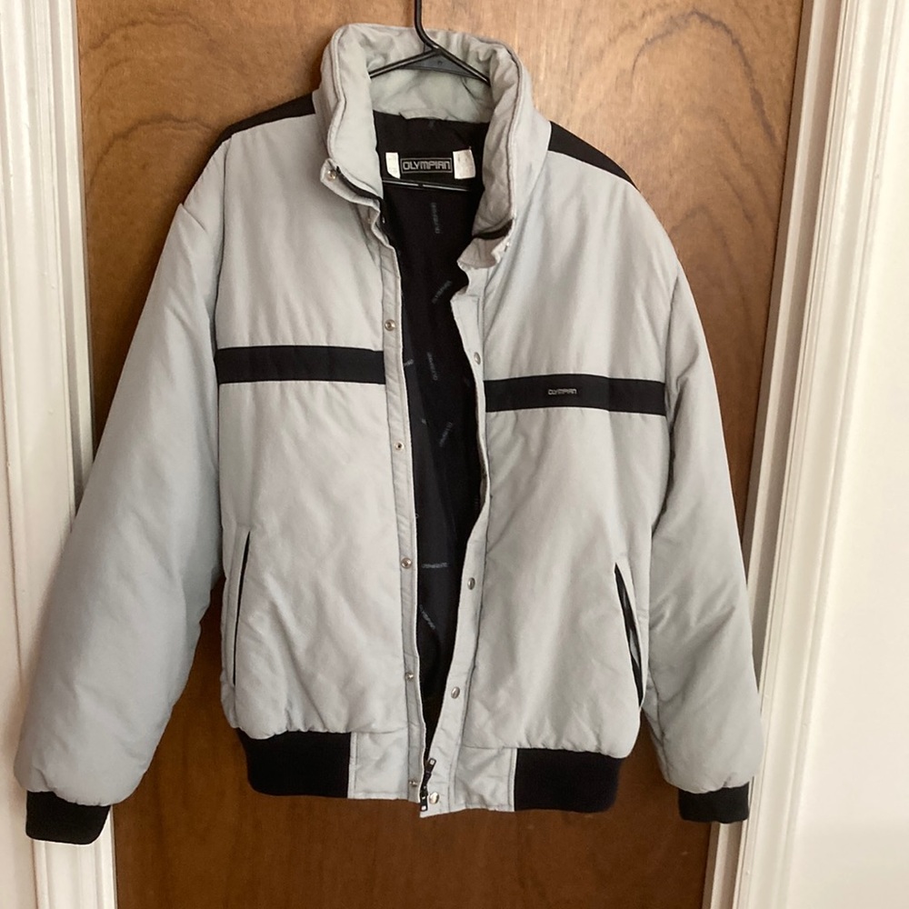 Olympian unisex size M Jacket; 26” long from collar; grey with black trim